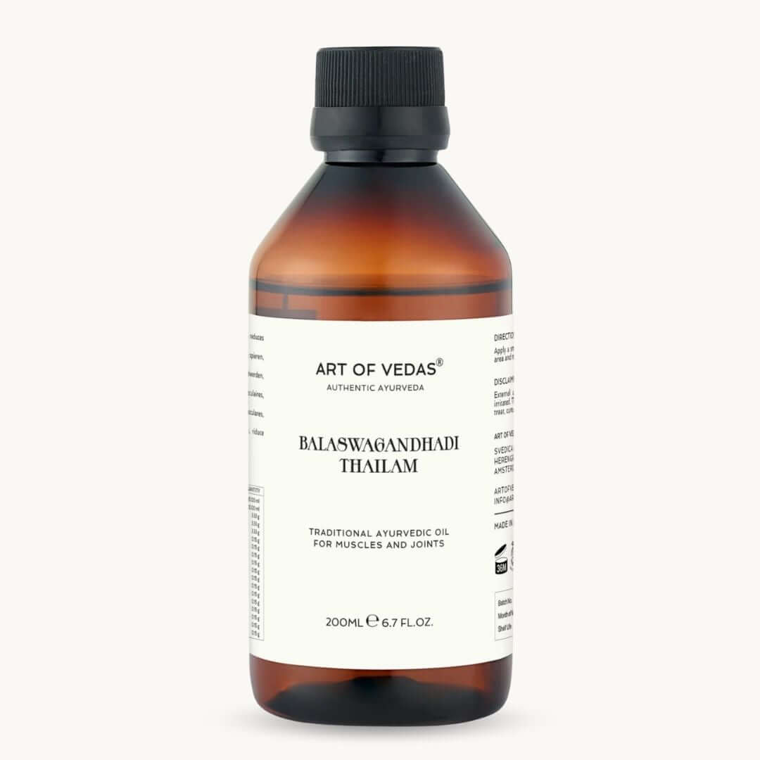 Bottle of Art of Vedas Balasingandadi Thailam on a white background
